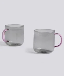 HAY Mug set da 2 grigia con manico rosa